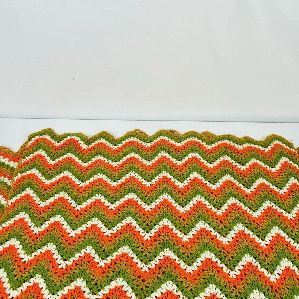 Handmade Throw Blanket Crocheted Granny Afghan Green Gold Orange White 80 x 48